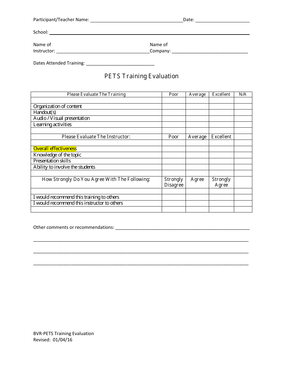 Pets Training Evaluation Form - Nevada, Page 1
