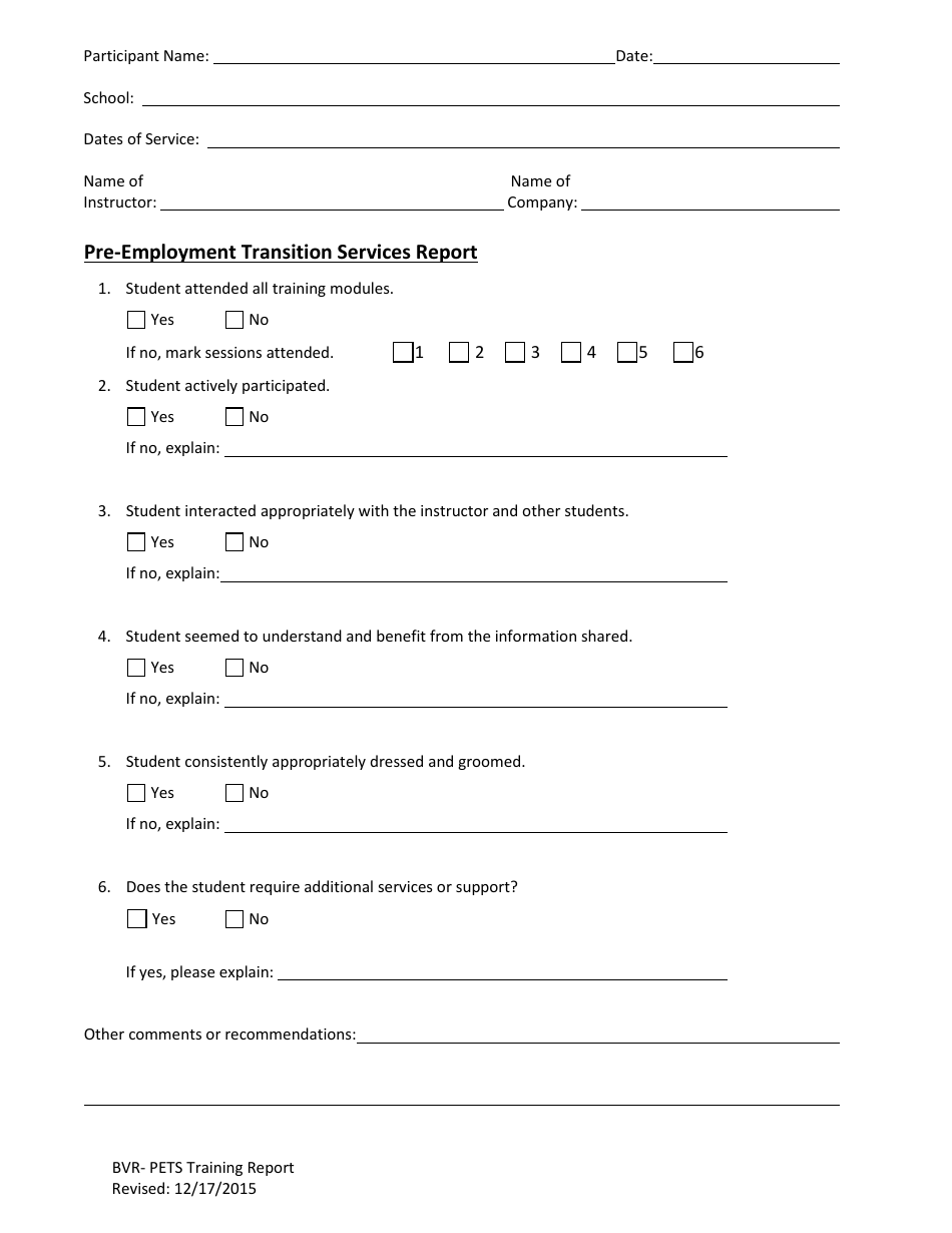 Pre-employment Transition Services (Pets) Training Report Form - Nevada, Page 1