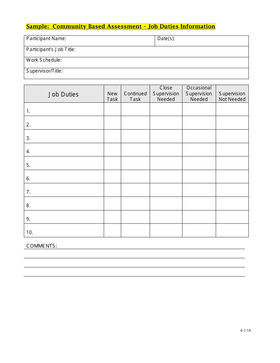 Community Based Assessment - Job Duties Information - Sample - Nevada, Page 1