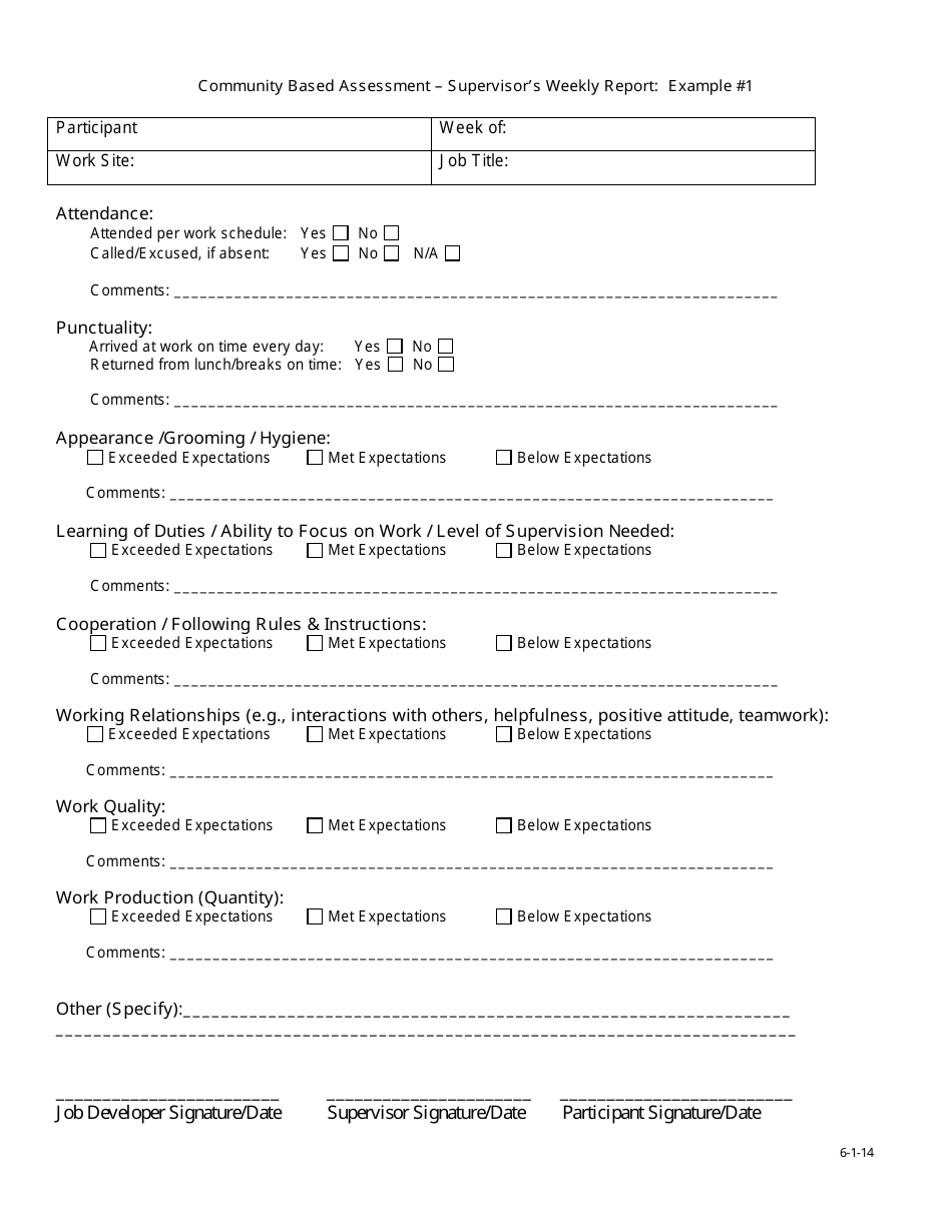 Supervisors Weekly Report Form - Community Based Assessment - Example - Nevada, Page 1