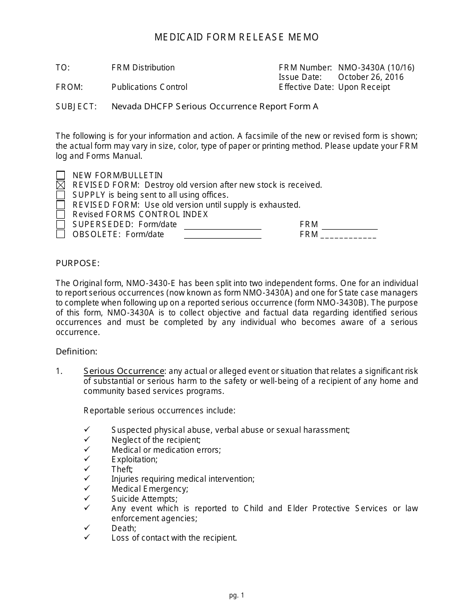 Instructions for Form NMO-3430A Nevada Dhcfp Serious Occurrence Report - Nevada, Page 1