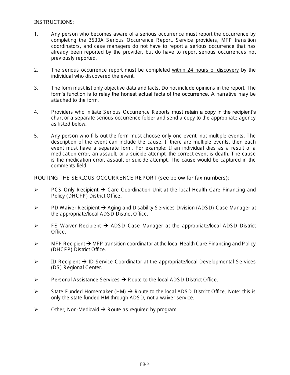 Instructions for Form NMO-3430A Nevada Dhcfp Serious Occurrence Report - Nevada, Page 2