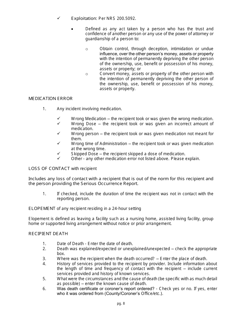 Instructions for Form NMO-3430A Nevada Dhcfp Serious Occurrence Report - Nevada, Page 8
