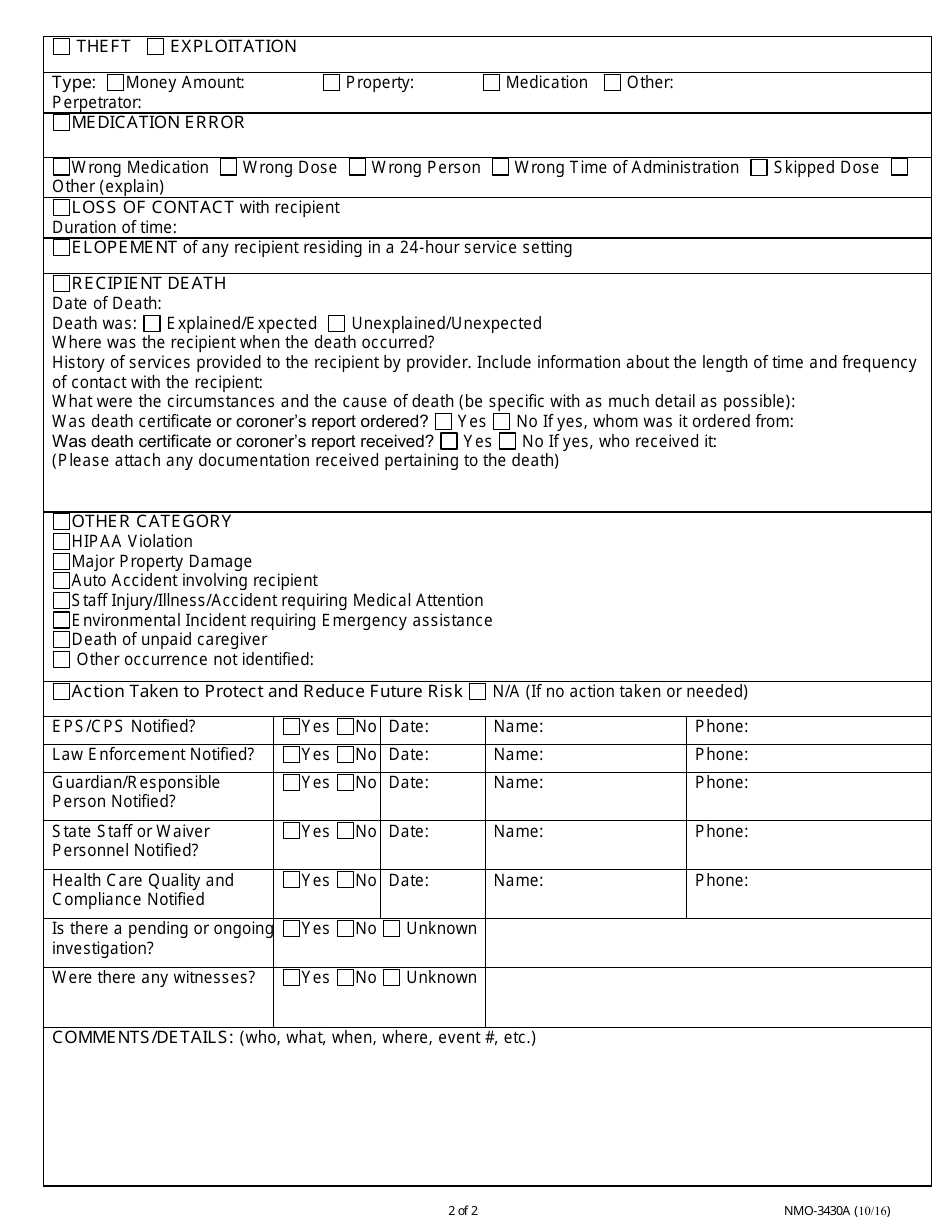 Form NMO-3430A Nevada Dhcfp Serious Occurrence Report - Nevada, Page 2