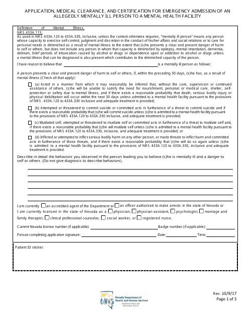 Application, Medical Clearance, and Certification for Emergency Admission of an Allegedly Mentally Ill Person to a Mental Health Facility - Nevada Download Pdf