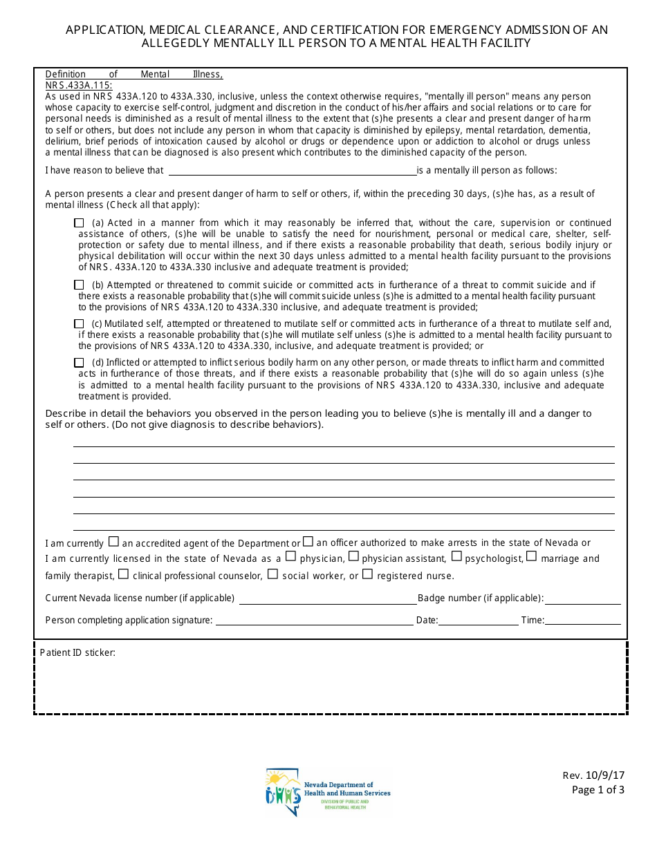 Application, Medical Clearance, and Certification for Emergency Admission of an Allegedly Mentally Ill Person to a Mental Health Facility - Nevada, Page 1