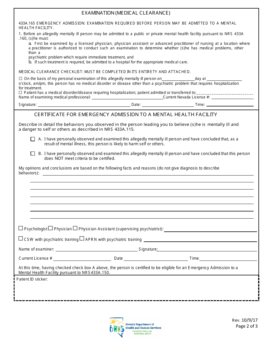 Application, Medical Clearance, and Certification for Emergency Admission of an Allegedly Mentally Ill Person to a Mental Health Facility - Nevada, Page 2
