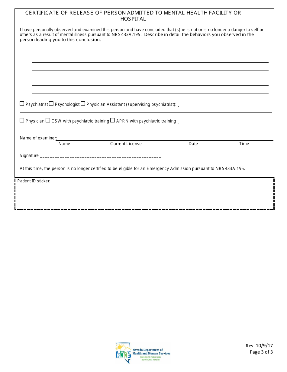 Application, Medical Clearance, and Certification for Emergency Admission of an Allegedly Mentally Ill Person to a Mental Health Facility - Nevada, Page 3