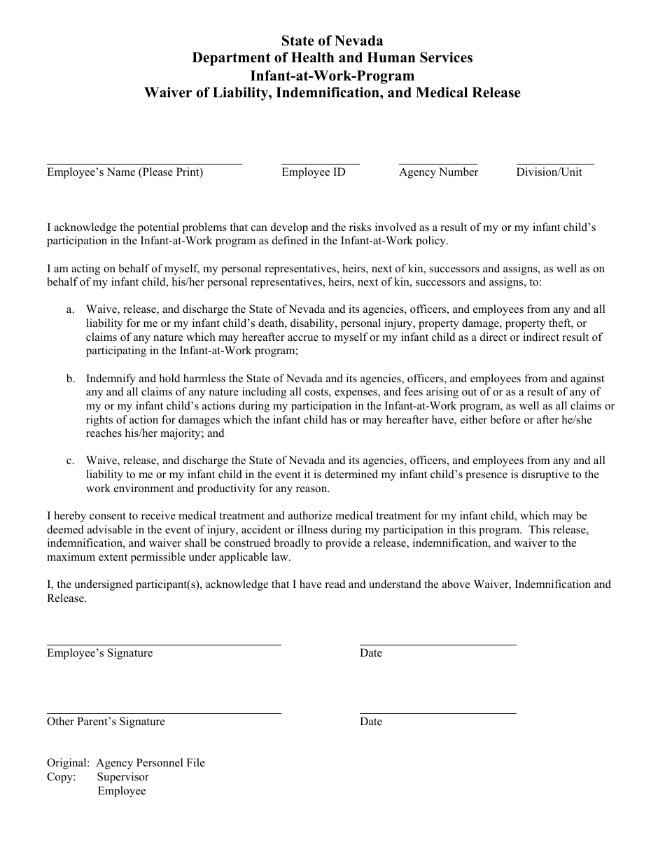 Waiver of Liability, Indemnification, and Medical Release - Infant-At-Work-Program - Nevada, Page 1