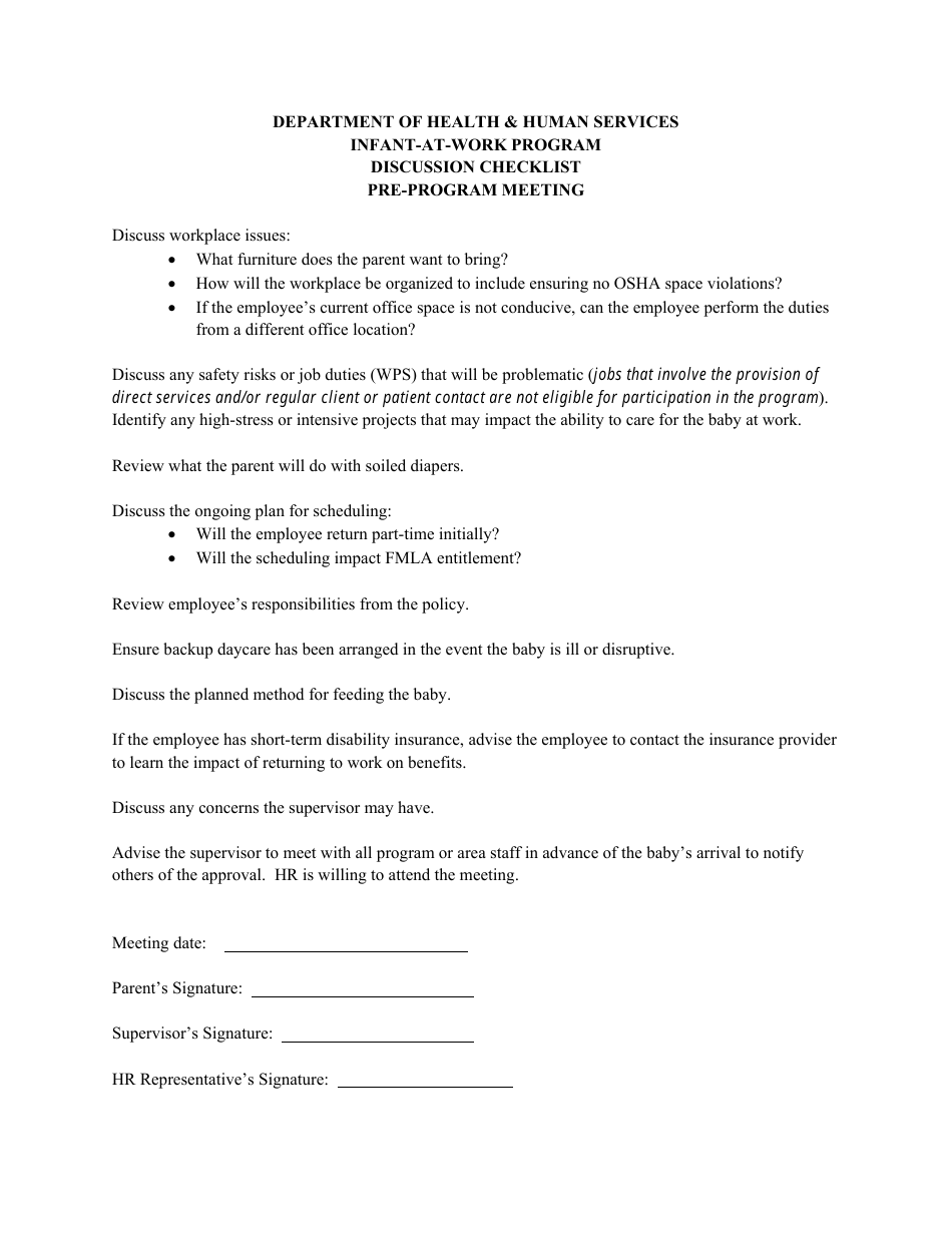 Discussion Checklist - Pre-program Meeting - Infant-At-Work Program - Nevada, Page 1