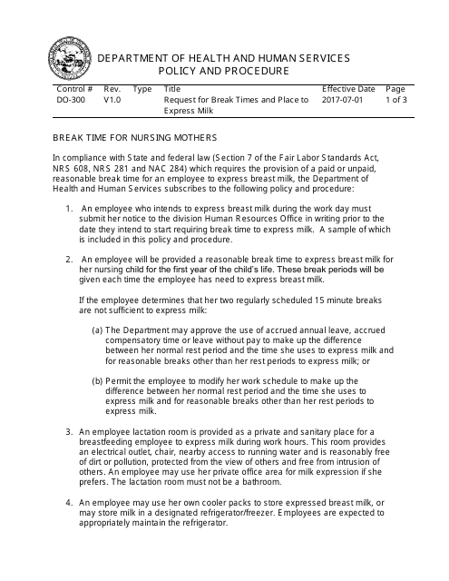 Notice of Intent Regarding Break Times and Place to Express Milk - Nevada