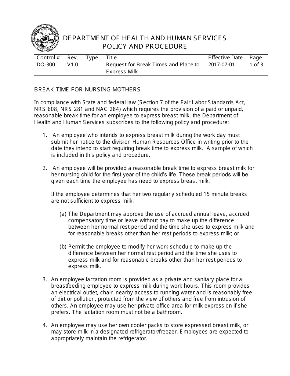 Notice of Intent Regarding Break Times and Place to Express Milk - Nevada, Page 1