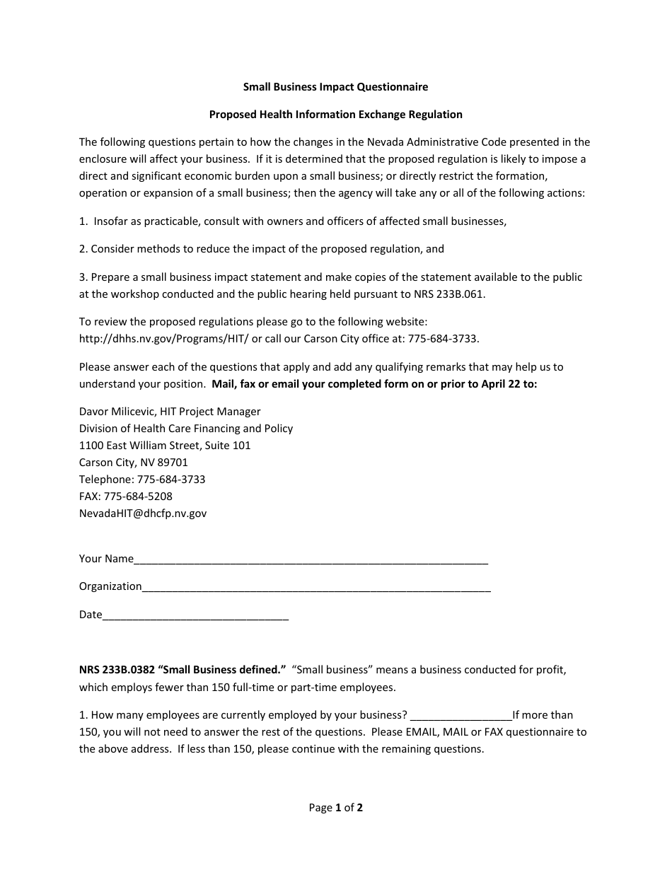 Small Business Impact Questionnaire Form - Proposed Health Information Exchange Regulation - Nevada, Page 1