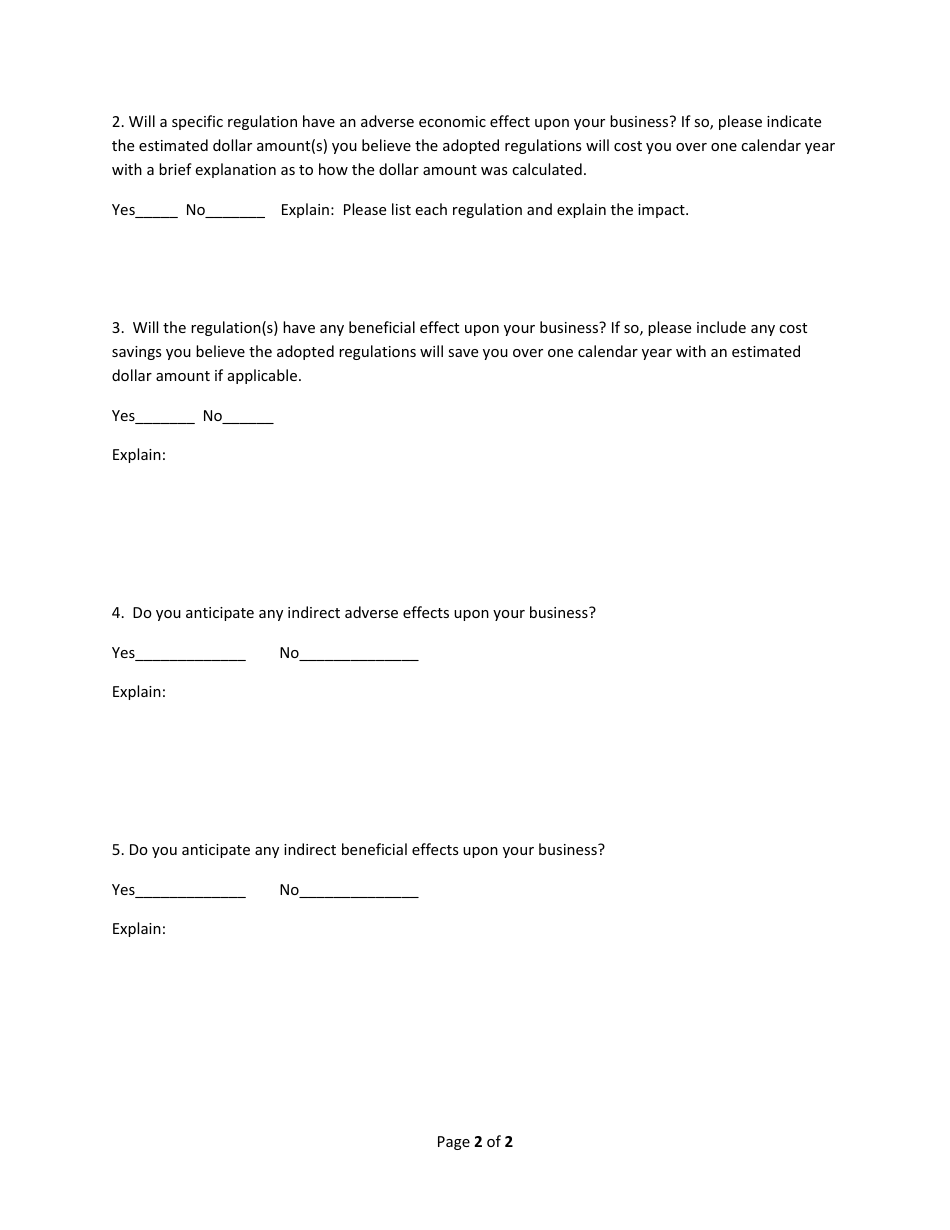 Small Business Impact Questionnaire Form - Proposed Health Information Exchange Regulation - Nevada, Page 2