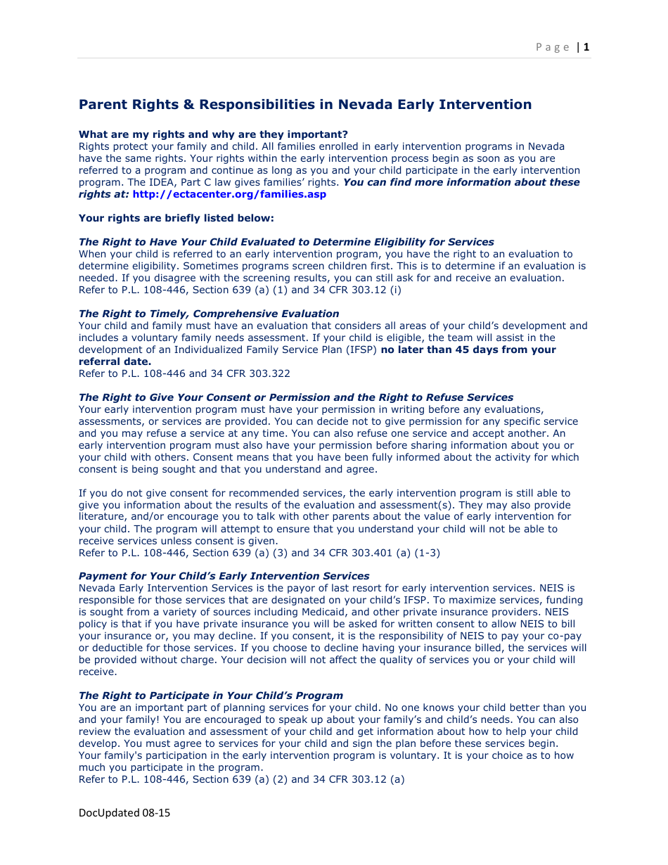 Parent Rights  Responsibilities in Nevada Early Intervention - Nevada, Page 1