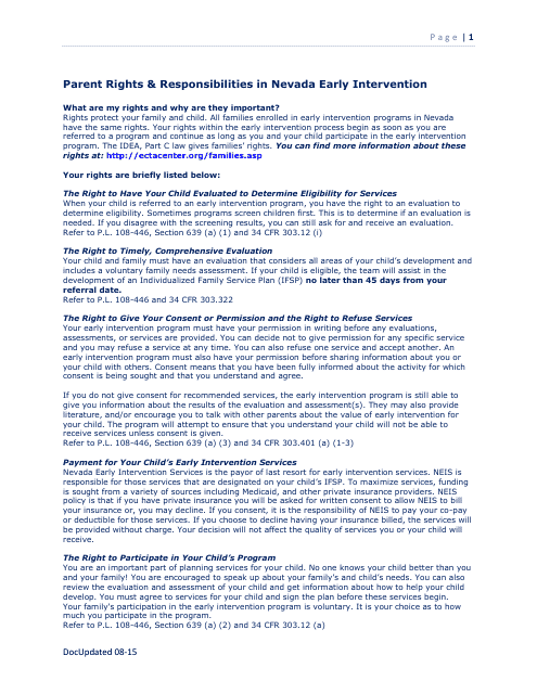 Parent Rights & Responsibilities in Nevada Early Intervention - Nevada Download Pdf
