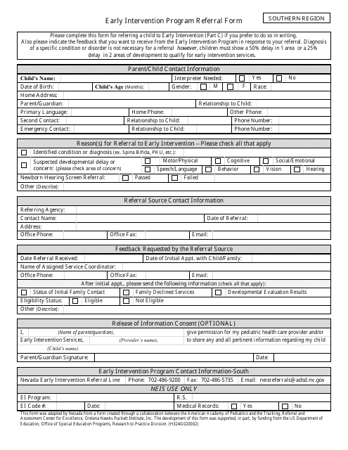 Early Intervention Program Referral Form - Southern Region of Nevada, Nevada Download Pdf