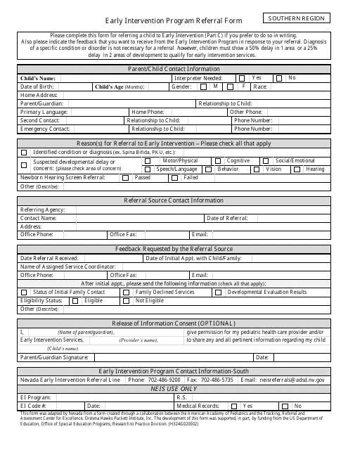 Early Intervention Program Referral Form - Southern Region of Nevada, Nevada