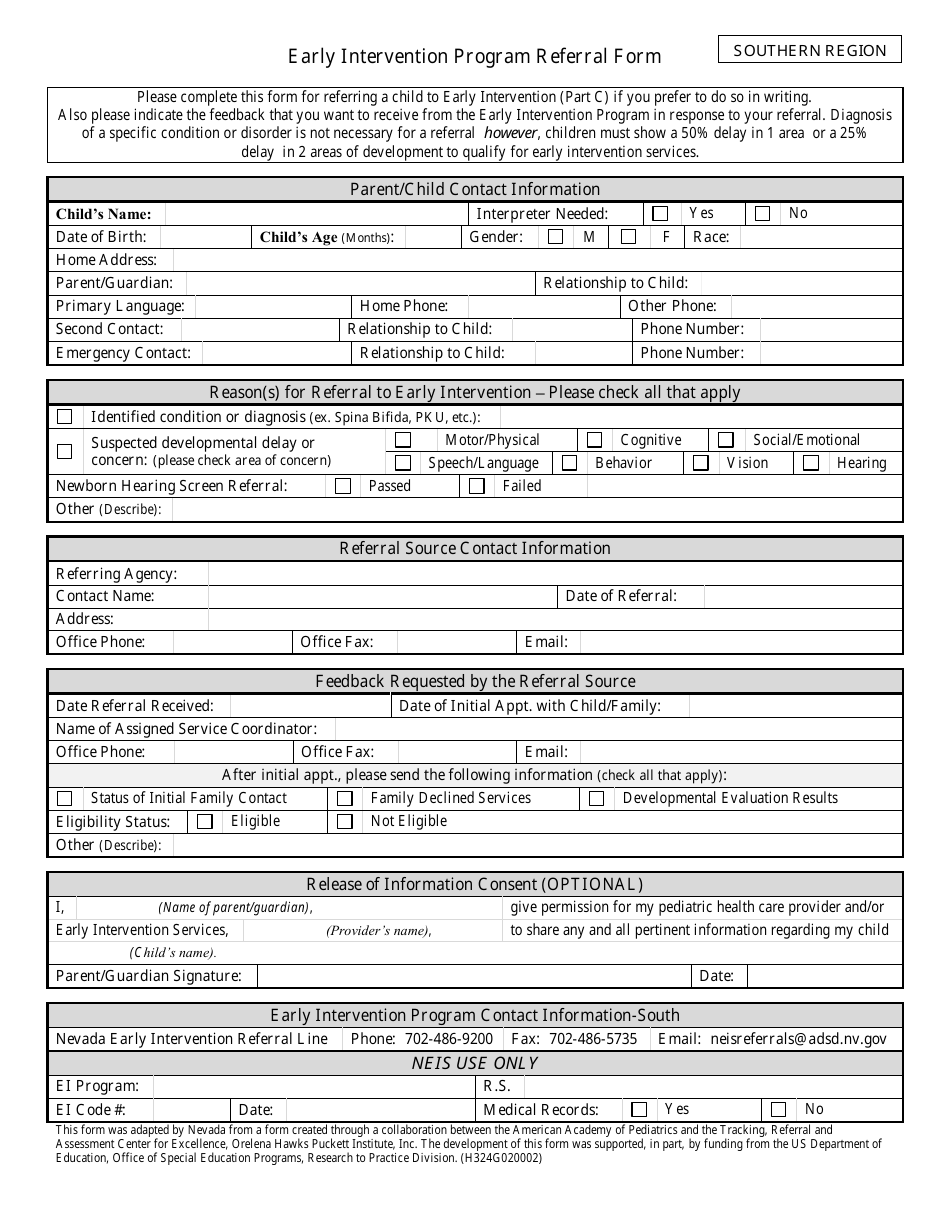 Early Intervention Program Referral Form - Southern Region of Nevada, Nevada, Page 1
