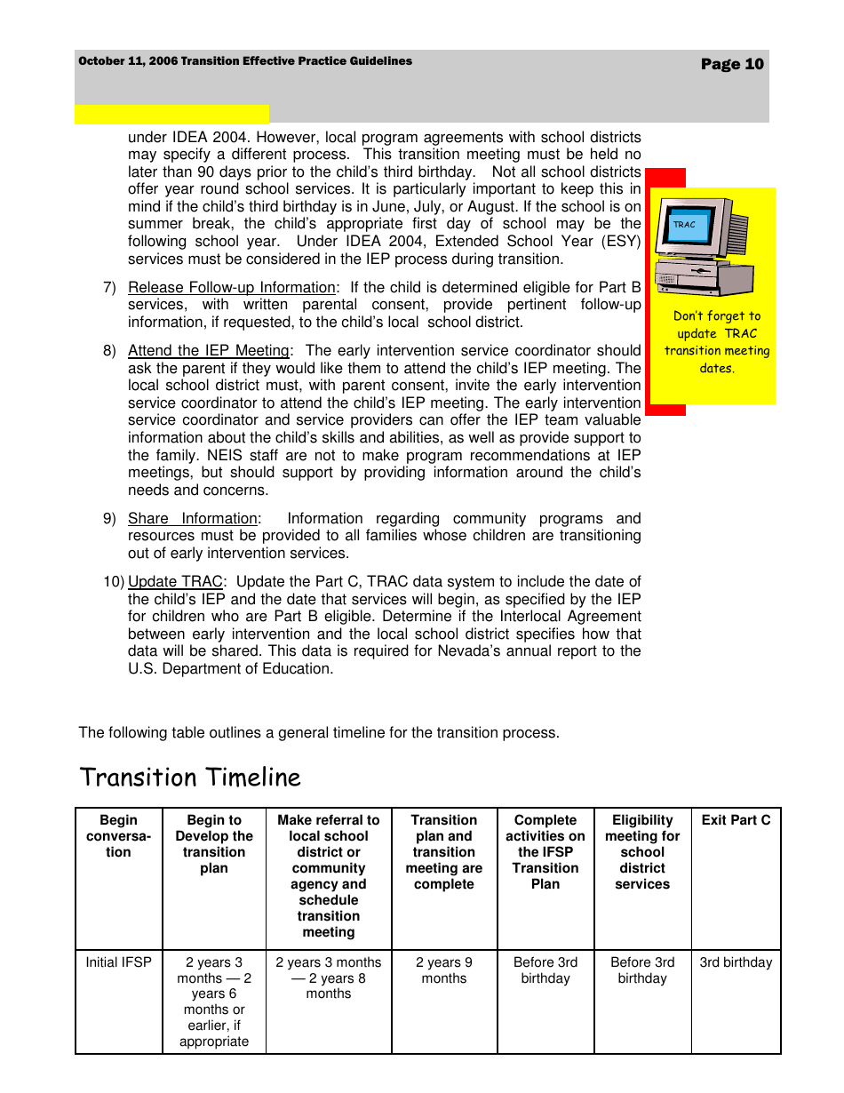 Transition Effective Practice Guidelines - Nevada Early Intervention Services (Neis) - Nevada, Page 10