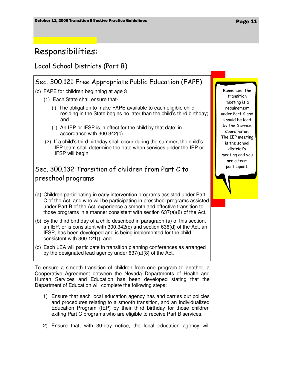 Transition Effective Practice Guidelines - Nevada Early Intervention Services (Neis) - Nevada, Page 11