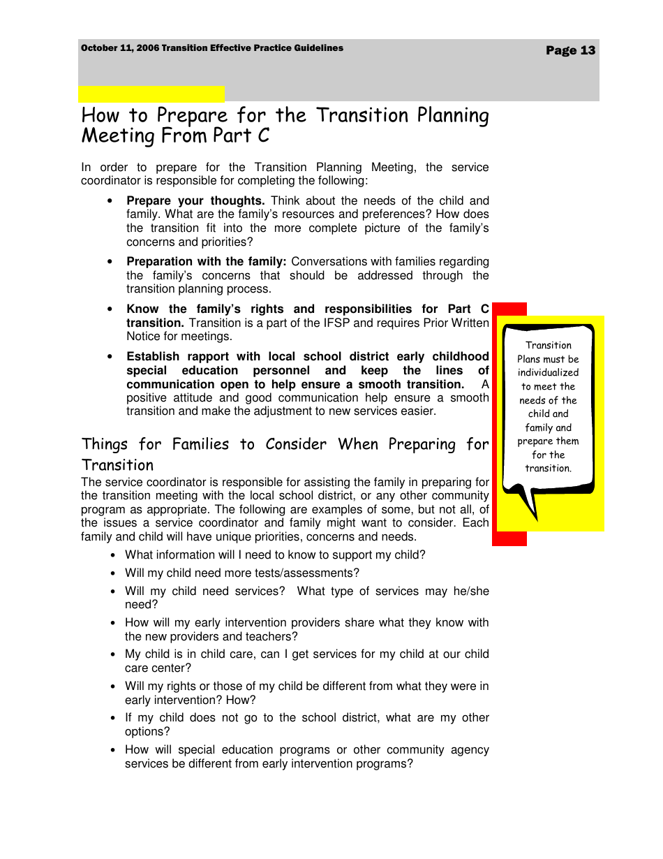 Transition Effective Practice Guidelines - Nevada Early Intervention Services (Neis) - Nevada, Page 13