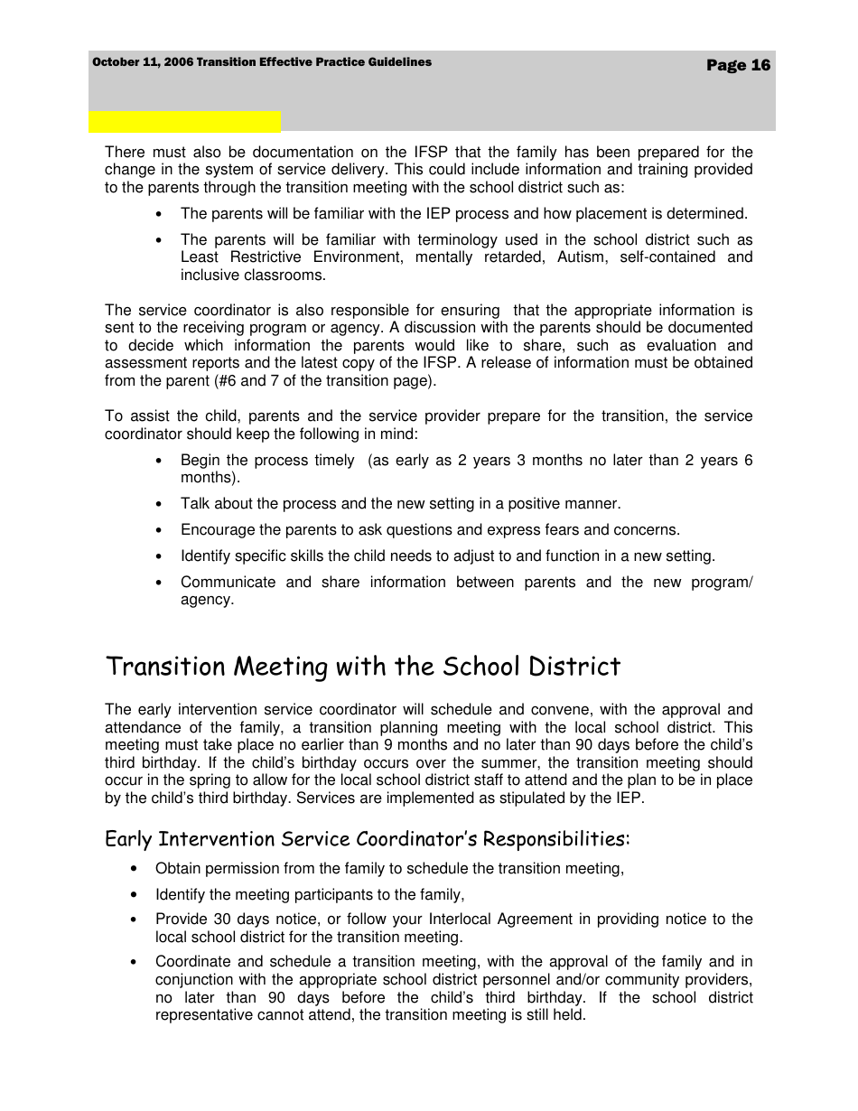 Transition Effective Practice Guidelines - Nevada Early Intervention Services (Neis) - Nevada, Page 16