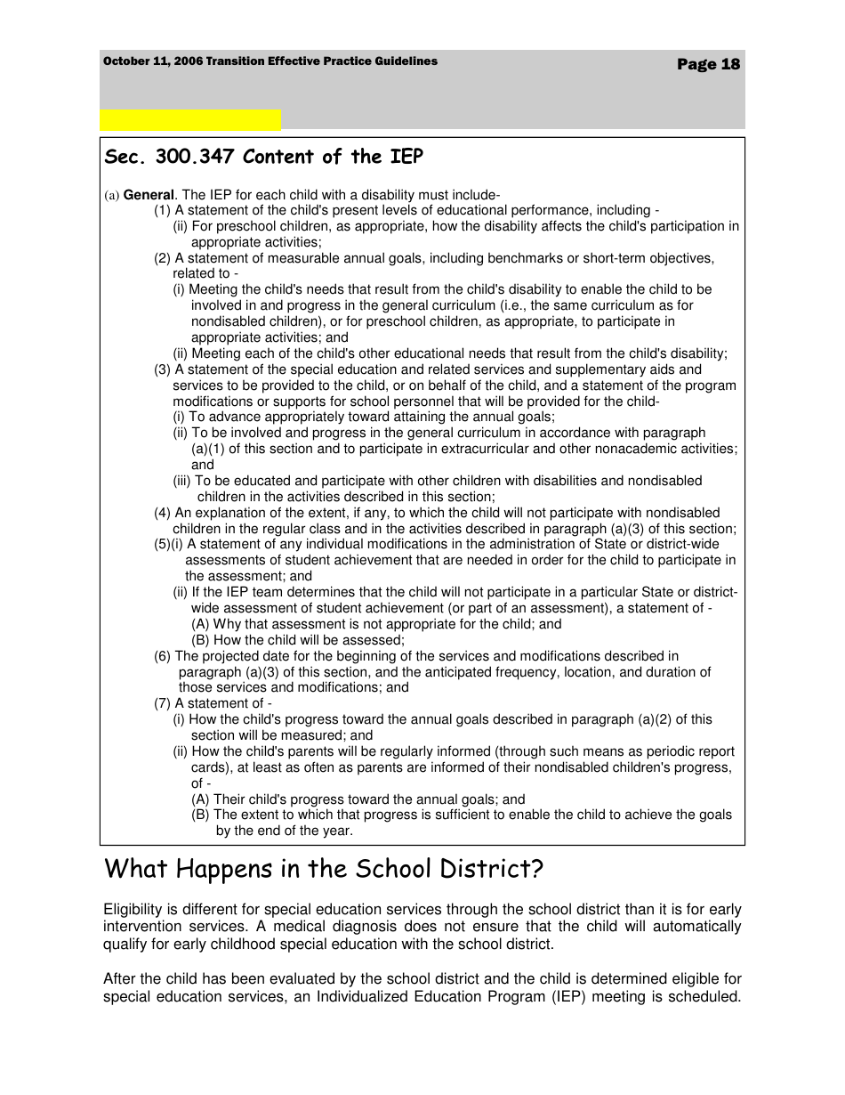 Transition Effective Practice Guidelines - Nevada Early Intervention Services (Neis) - Nevada, Page 18