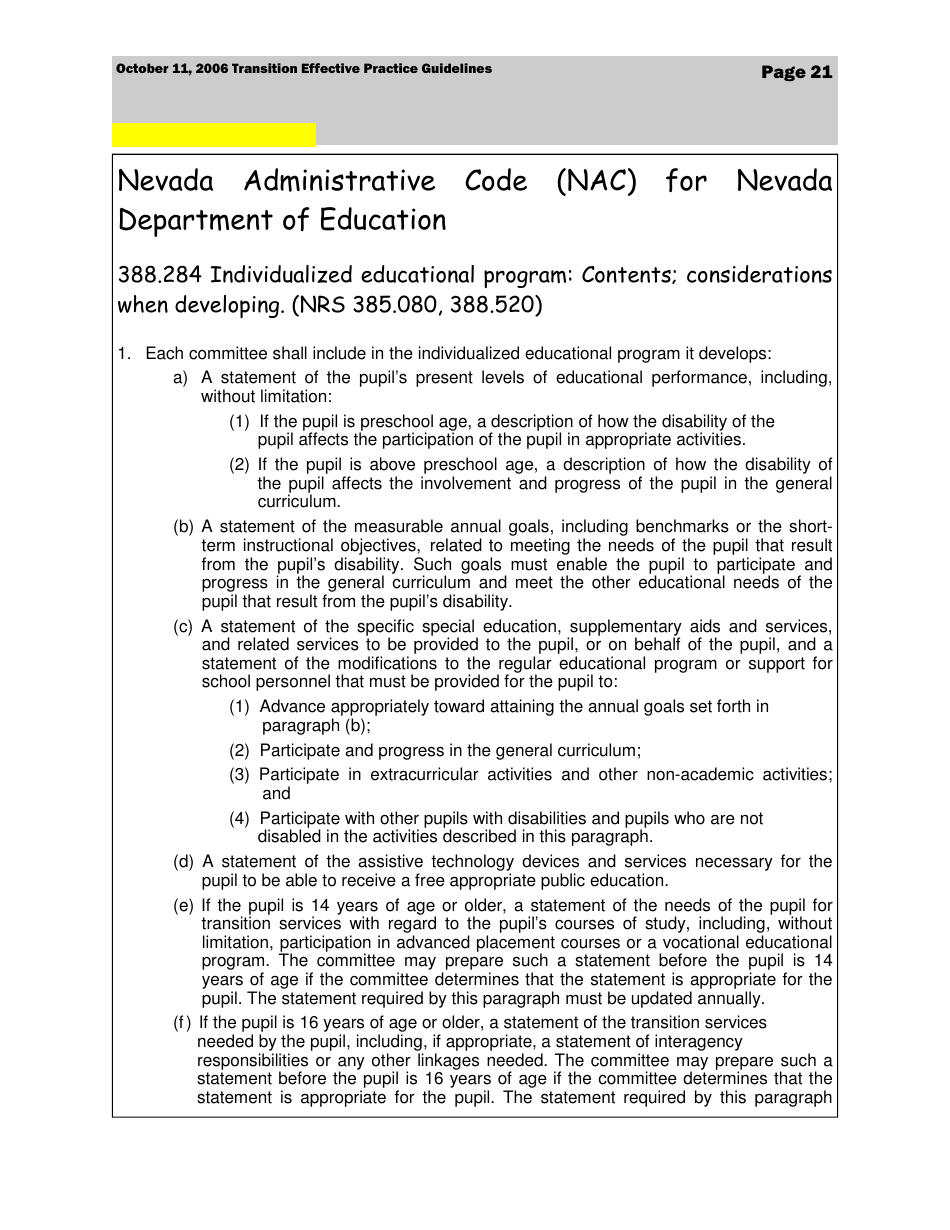 Transition Effective Practice Guidelines - Nevada Early Intervention Services (Neis) - Nevada, Page 21