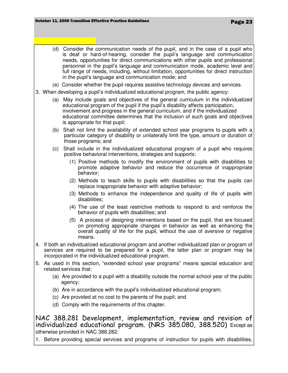 Transition Effective Practice Guidelines - Nevada Early Intervention Services (Neis) - Nevada, Page 23