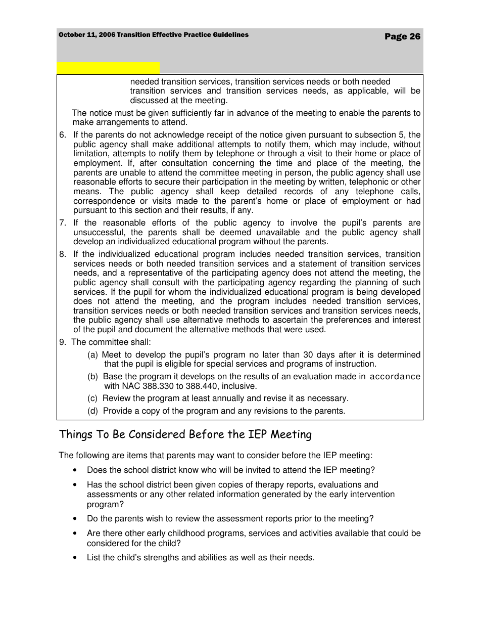 Transition Effective Practice Guidelines - Nevada Early Intervention Services (Neis) - Nevada, Page 26
