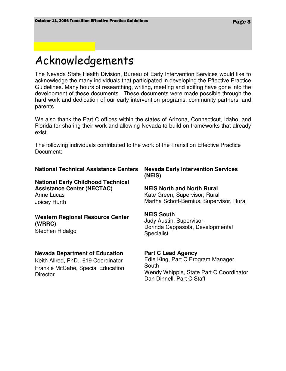 Transition Effective Practice Guidelines - Nevada Early Intervention Services (Neis) - Nevada, Page 3