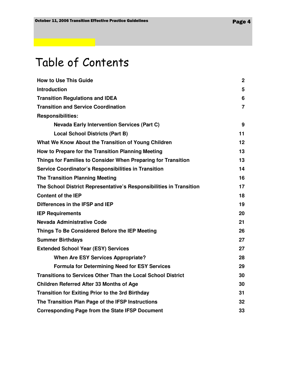 Transition Effective Practice Guidelines - Nevada Early Intervention Services (Neis) - Nevada, Page 4