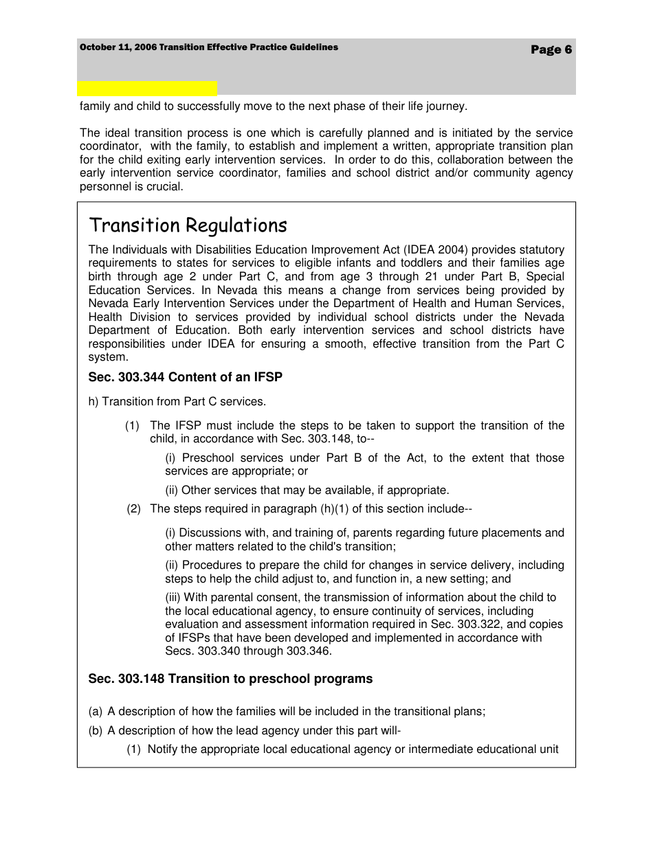 Transition Effective Practice Guidelines - Nevada Early Intervention Services (Neis) - Nevada, Page 6