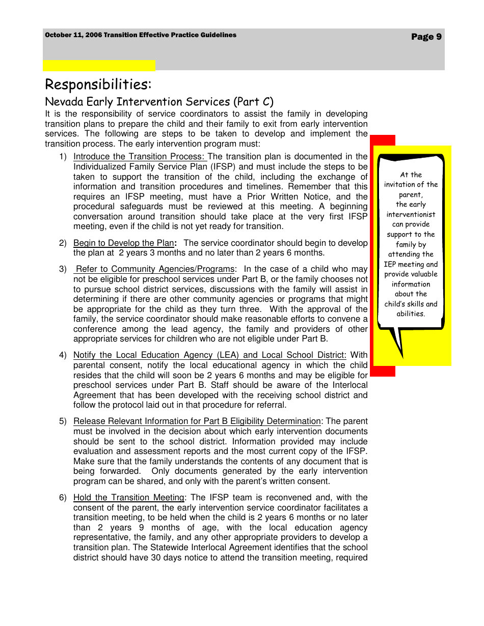 Transition Effective Practice Guidelines - Nevada Early Intervention Services (Neis) - Nevada, Page 9
