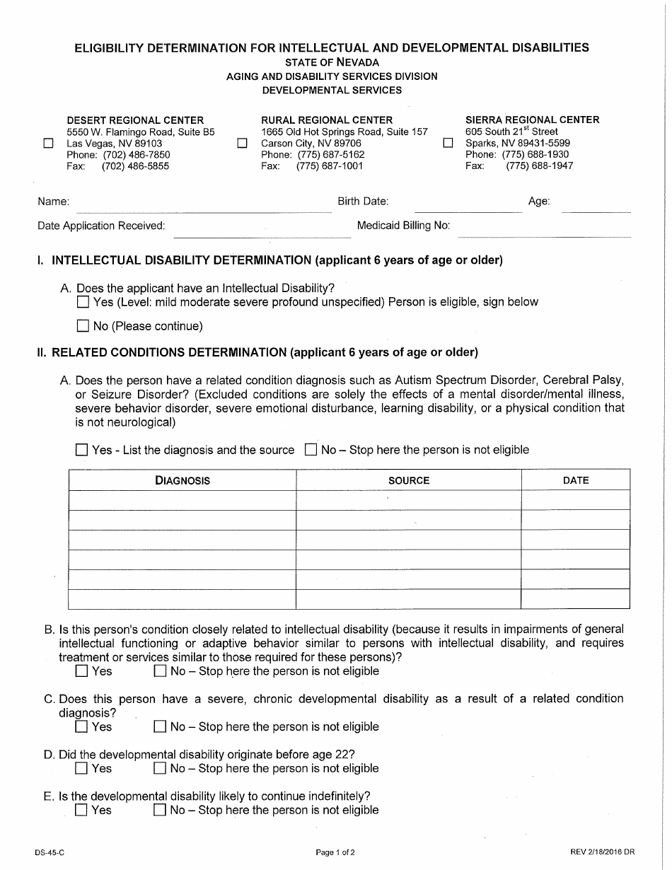 Form DS-45-C Eligibility Determination for Intellectual and Developmental Disabilities - Nevada, Page 1