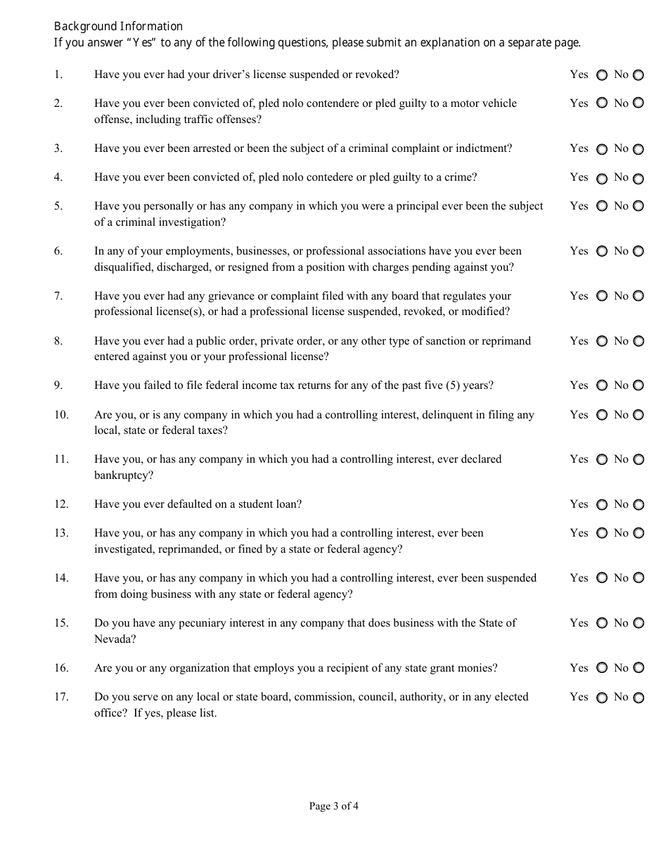 Application for Appointment to Position of Trust - Gubernatorial Appointment - Limited Background Investigation - Nevada, Page 4