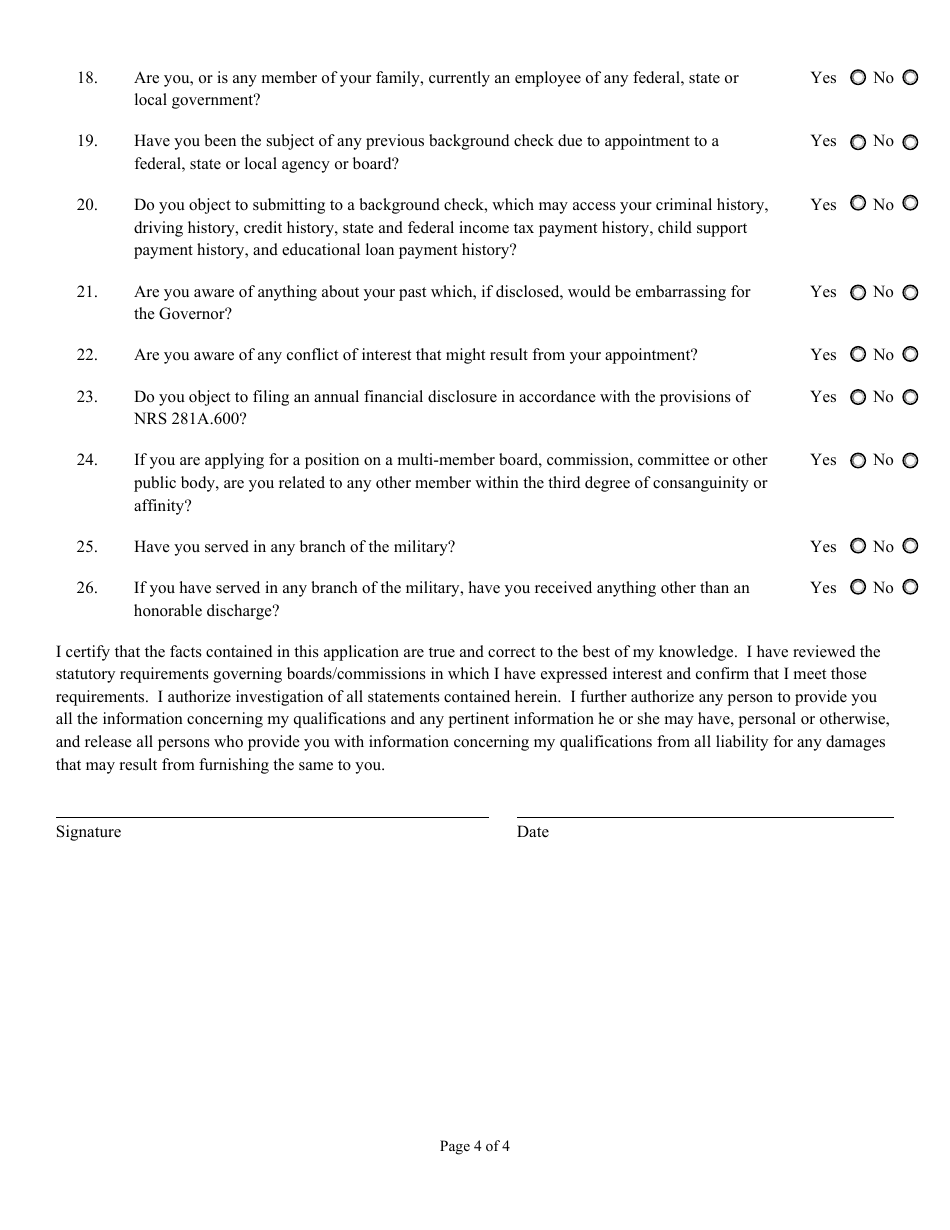 Application for Appointment to Position of Trust - Gubernatorial Appointment - Limited Background Investigation - Nevada, Page 5