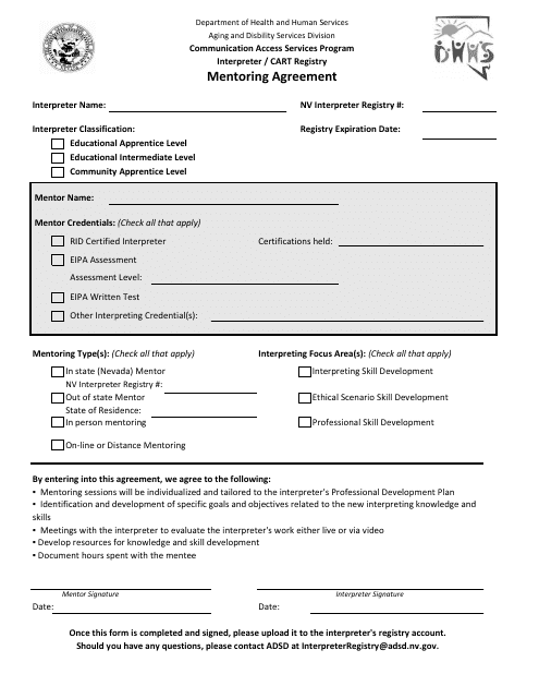Mentoring Agreement Form - Communication Access Services Program - Nevada Download Pdf