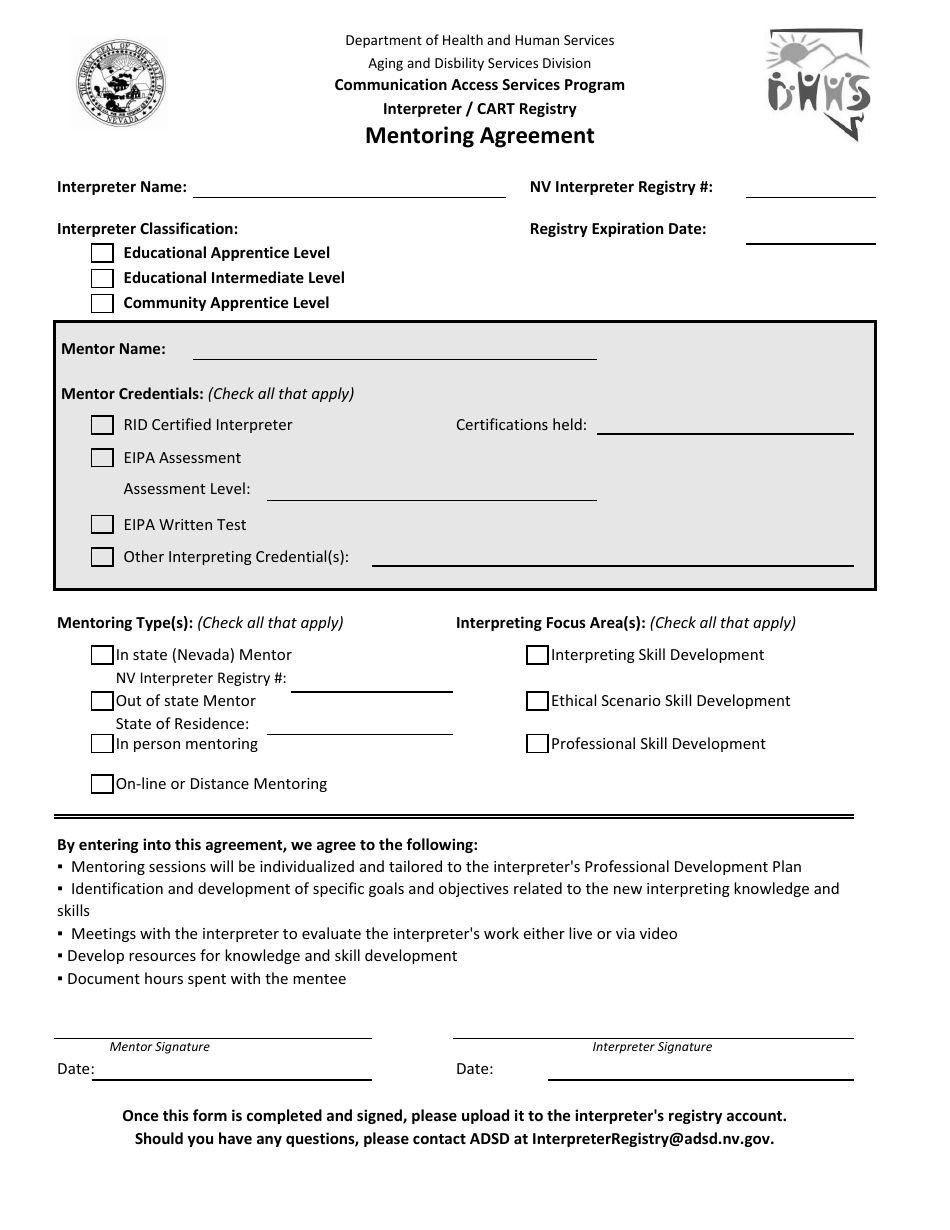 Mentoring Agreement Form - Communication Access Services Program - Nevada, Page 1