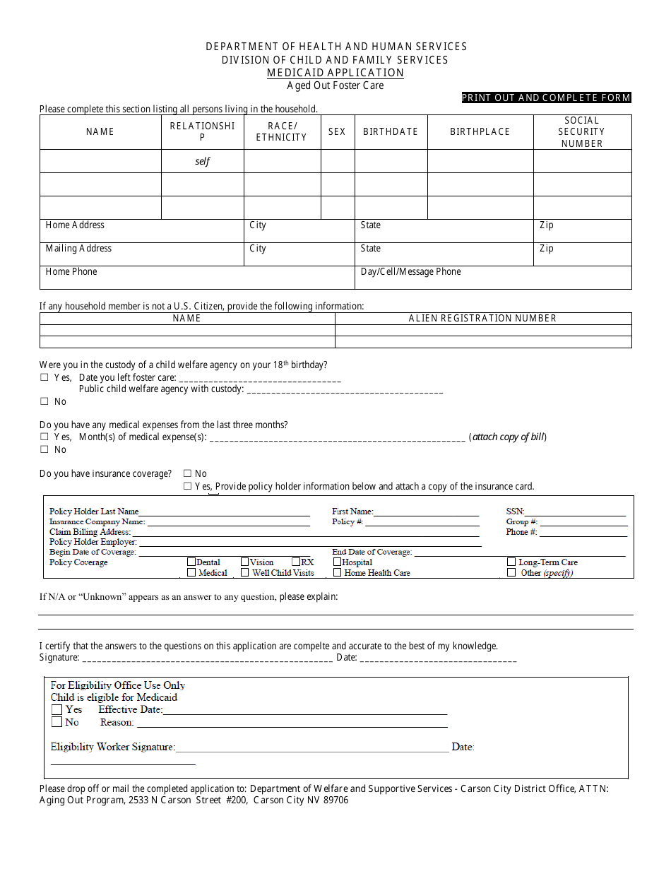 Nevada Medicaid Application Form Aged Out Foster Care Fill Out Sign Online And Download Pdf 7272