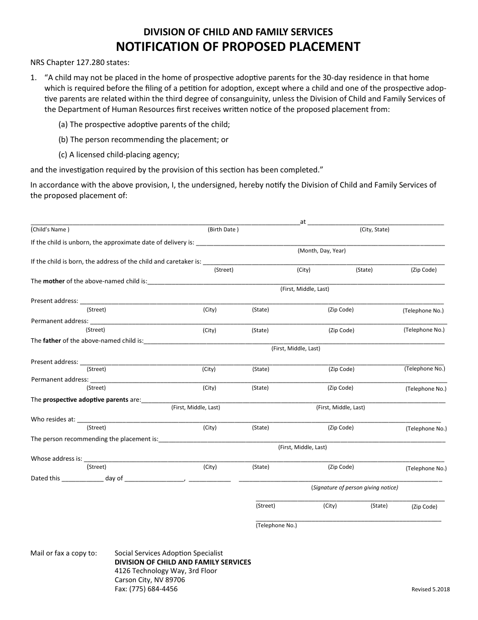 Notification of Proposed Placement - Nevada, Page 1