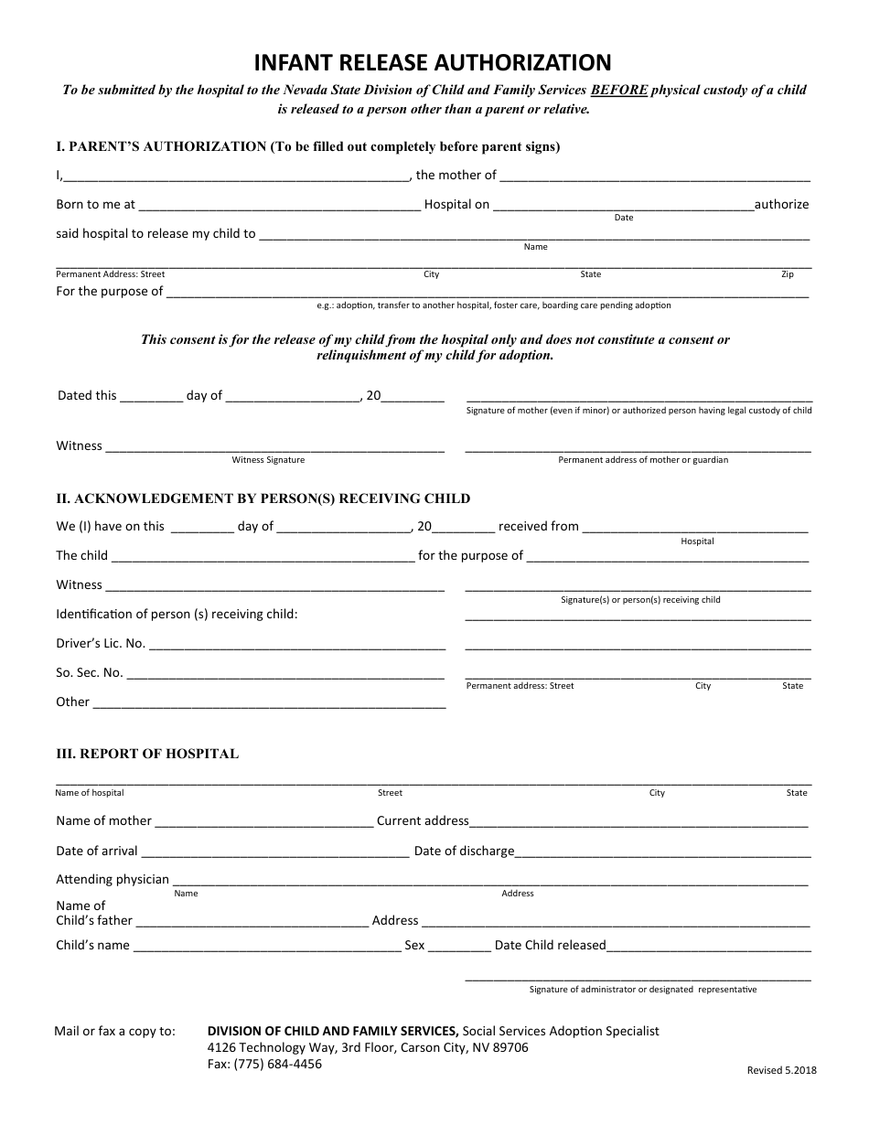 Infant Release Authorization Form - Nevada, Page 1