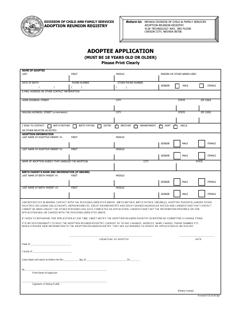 Adoptee Application Form (Must Be 18 Years Old or Older) - Nevada Download Pdf