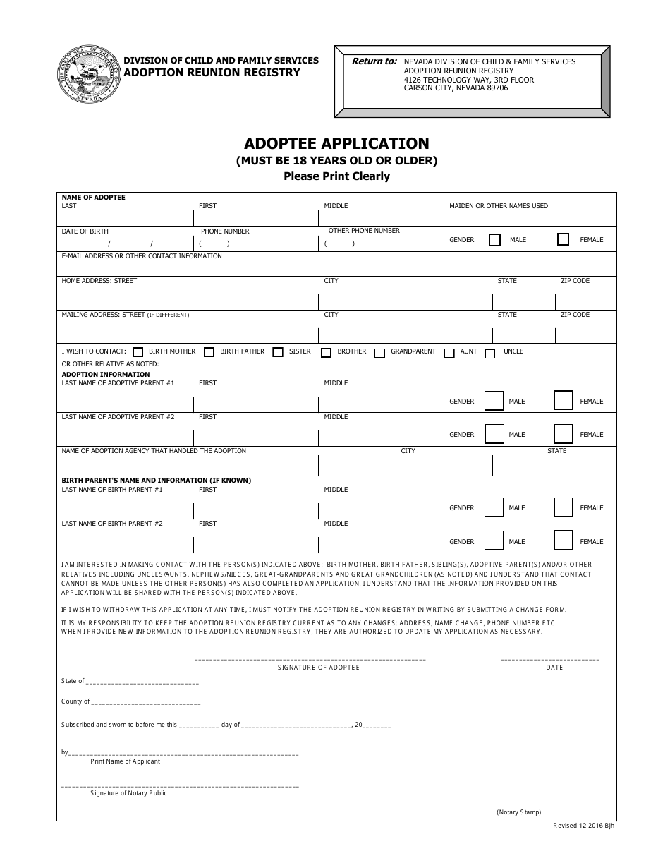 Adoptee Application Form (Must Be 18 Years Old or Older) - Nevada, Page 1