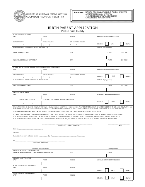 Birth Parent Application Form - Nevada Download Pdf
