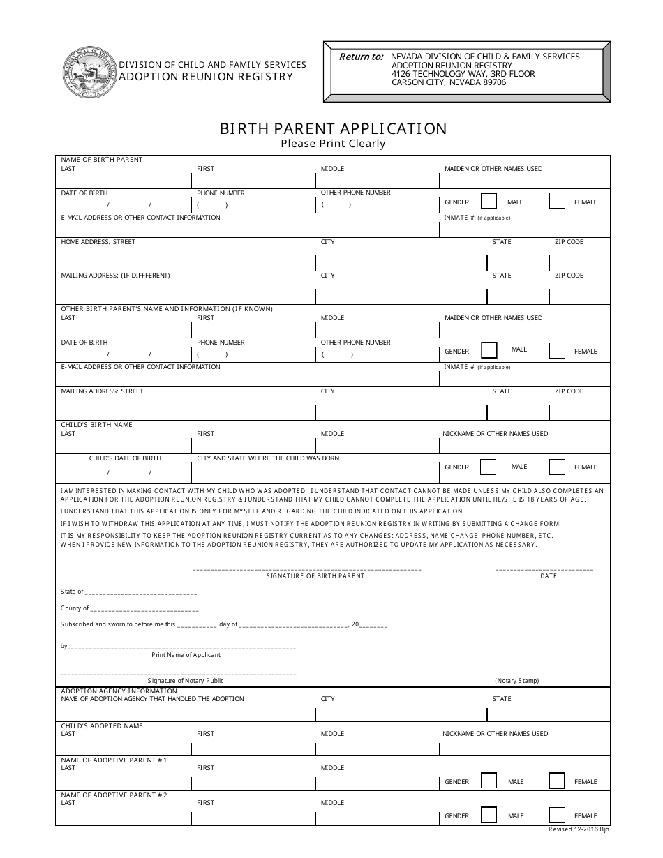 Nevada Birth Parent Application Form - Fill Out, Sign Online And ...