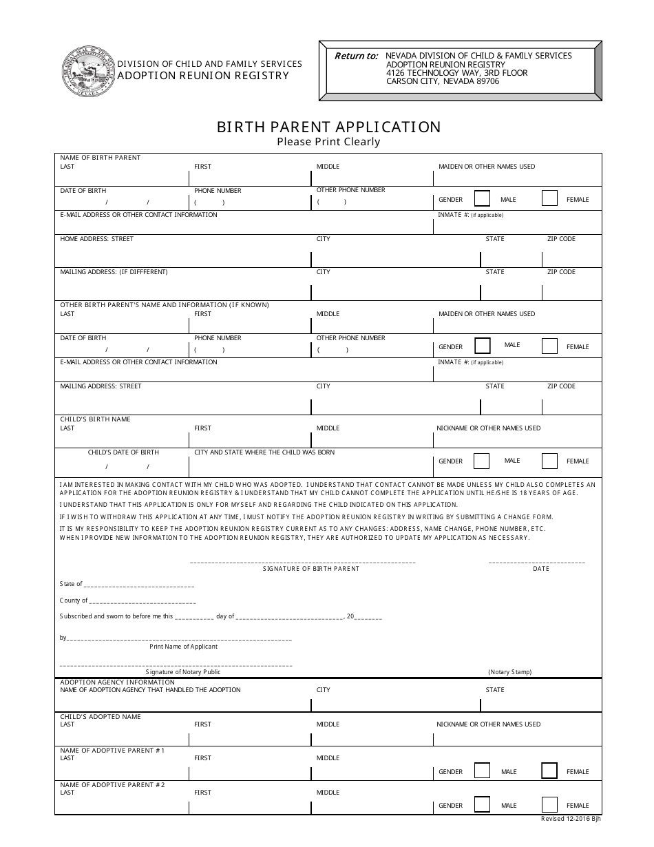 Birth Parent Application Form - Nevada, Page 1