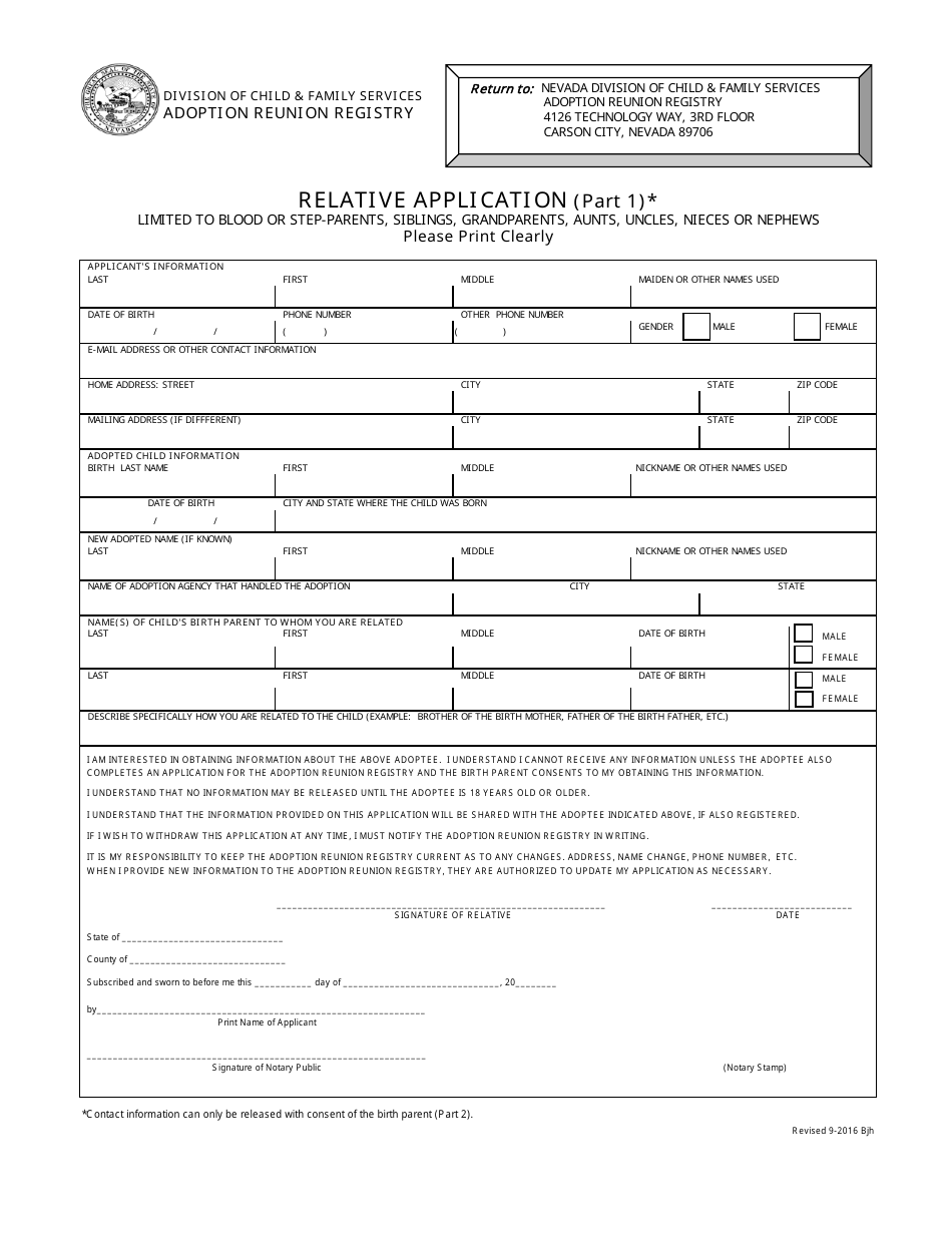Relative Application Form (Part 1) - Nevada, Page 1