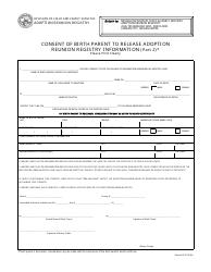 Document preview: Consent of Birth Parent to Release Adoption Reunion Registry Information (Part 2) - Nevada